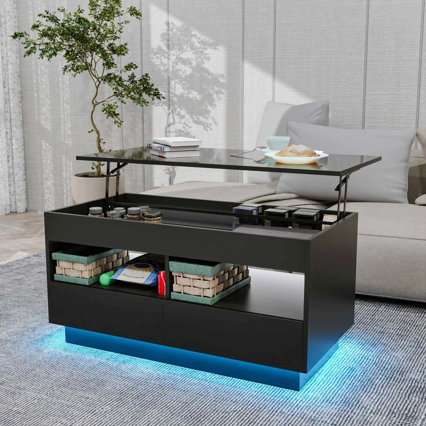 Top Lift Coffee Table with RGB LED Light High Gloss Surface Hidden Storage Compartment and Drawer Height Adjustable Tea Tables