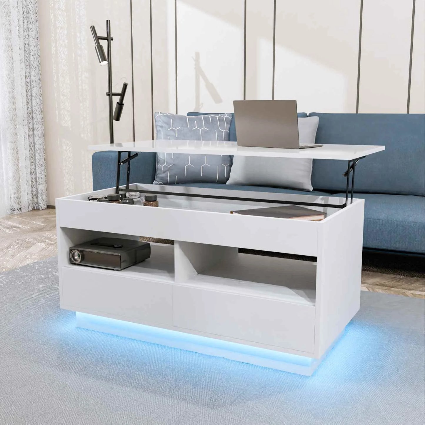 Top Lift Coffee Table with RGB LED Light High Gloss Surface Hidden Storage Compartment and Drawer Height Adjustable Tea Tables