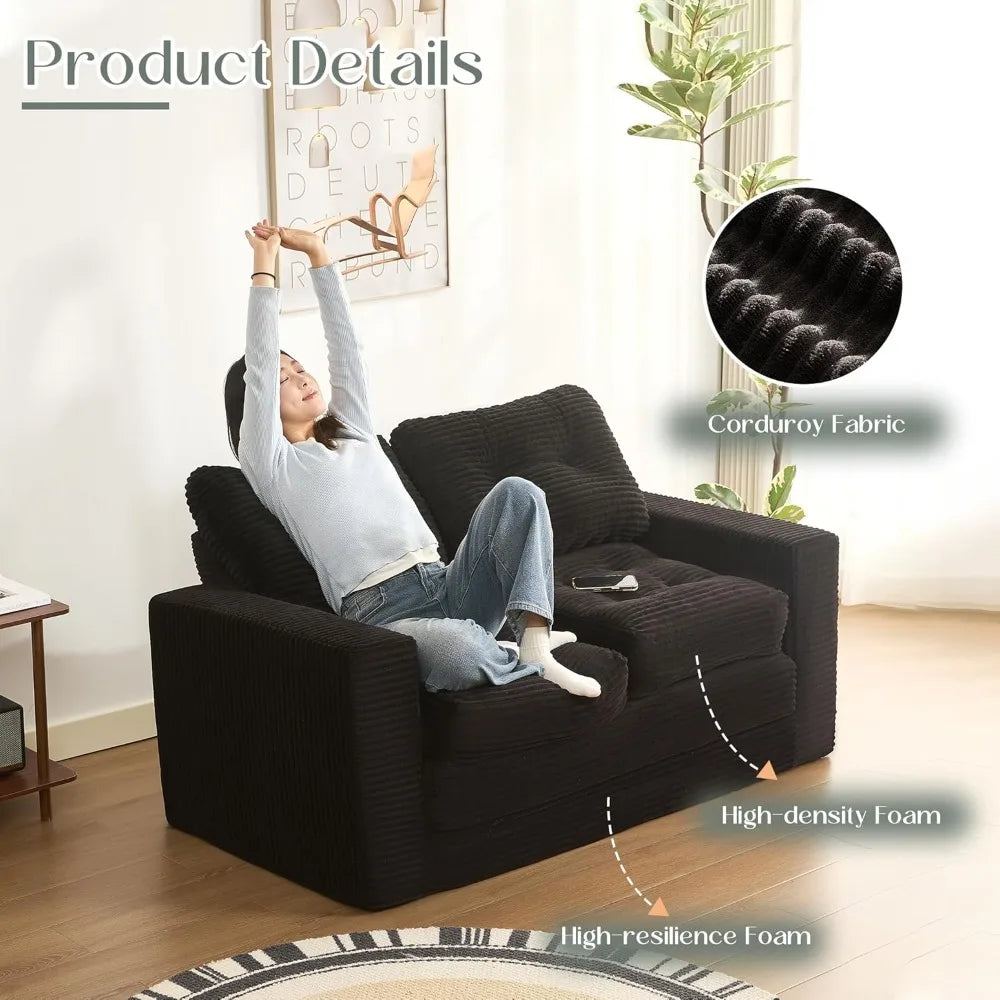61" Corduroy 3-in-1 Convertible Sofa Bed - Pull Out Sleeper with Futon & Pillows