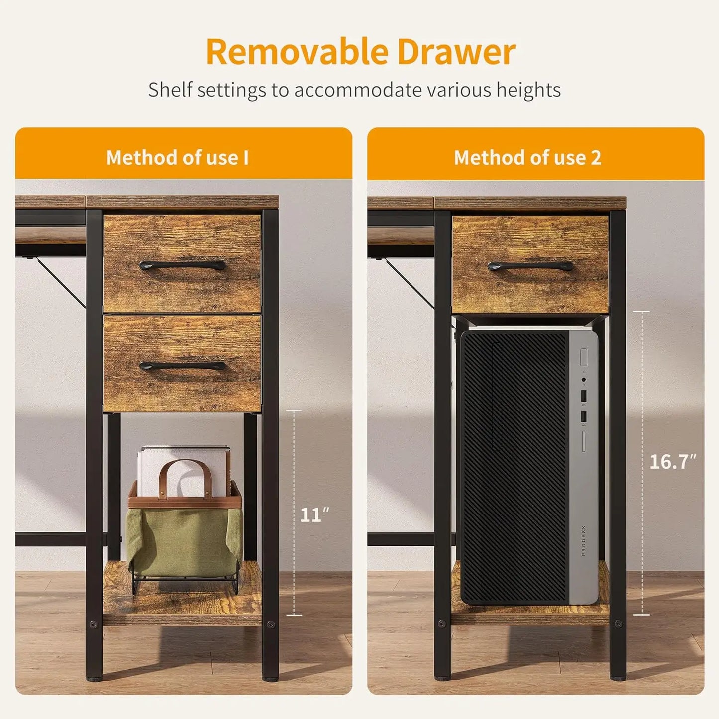 Computer Desk with 2 Drawers, 40 Inch Small Home Office Desk Study Writing Table, Rustic Brown