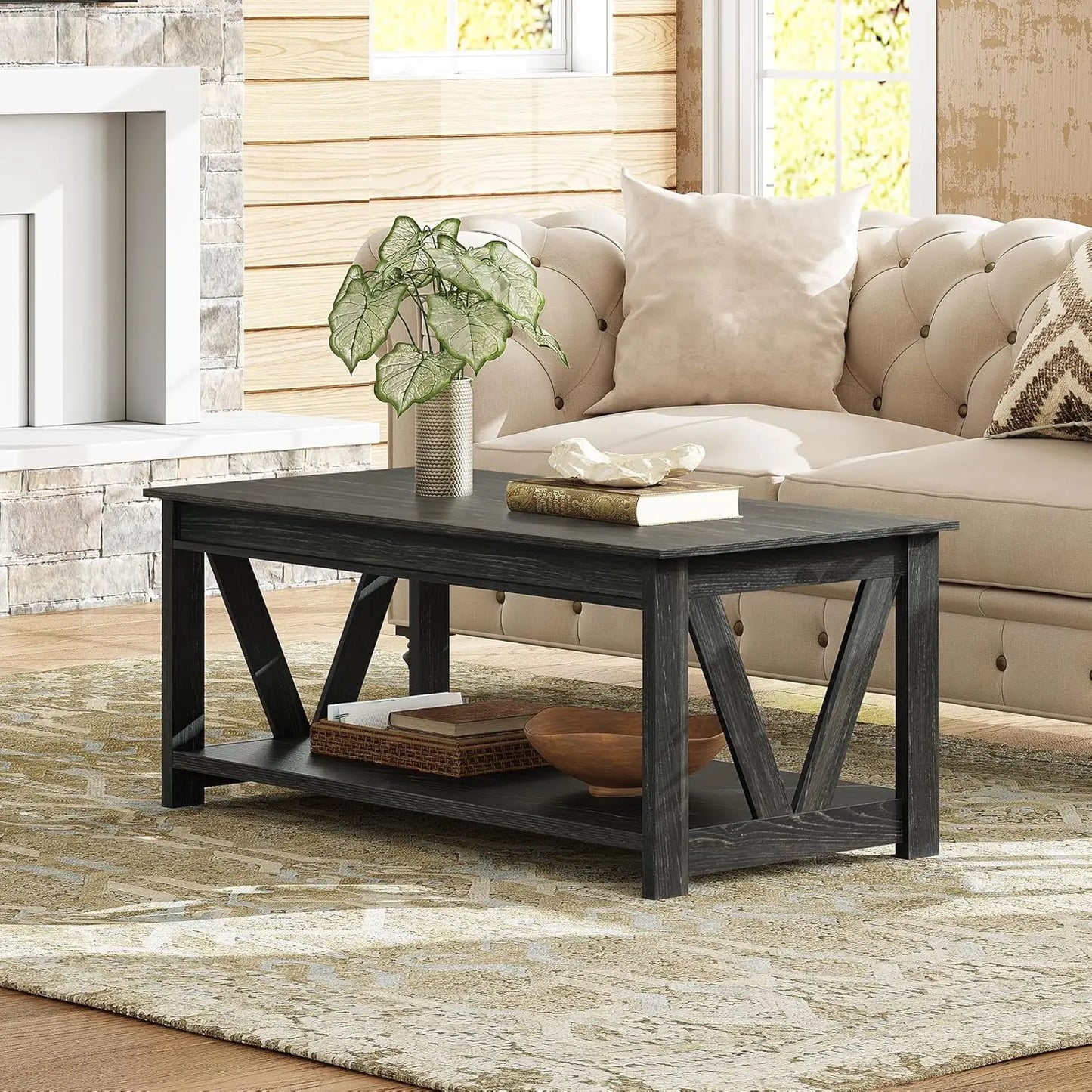 Coffee Table Farmhouse Coffee Table with Storage Shelf Sturdy V Shaped Support Center Table for Living Room/ Office