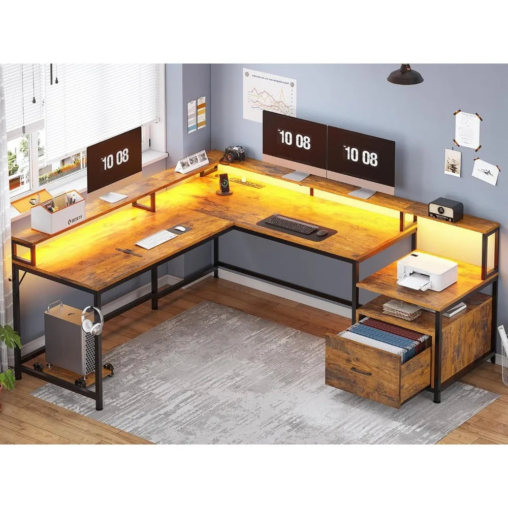 L Shaped Office Desk, 66" Corner L Shaped Computer Desk with File Drawer & Power Outlet for Home Office, Gaming Table with Led