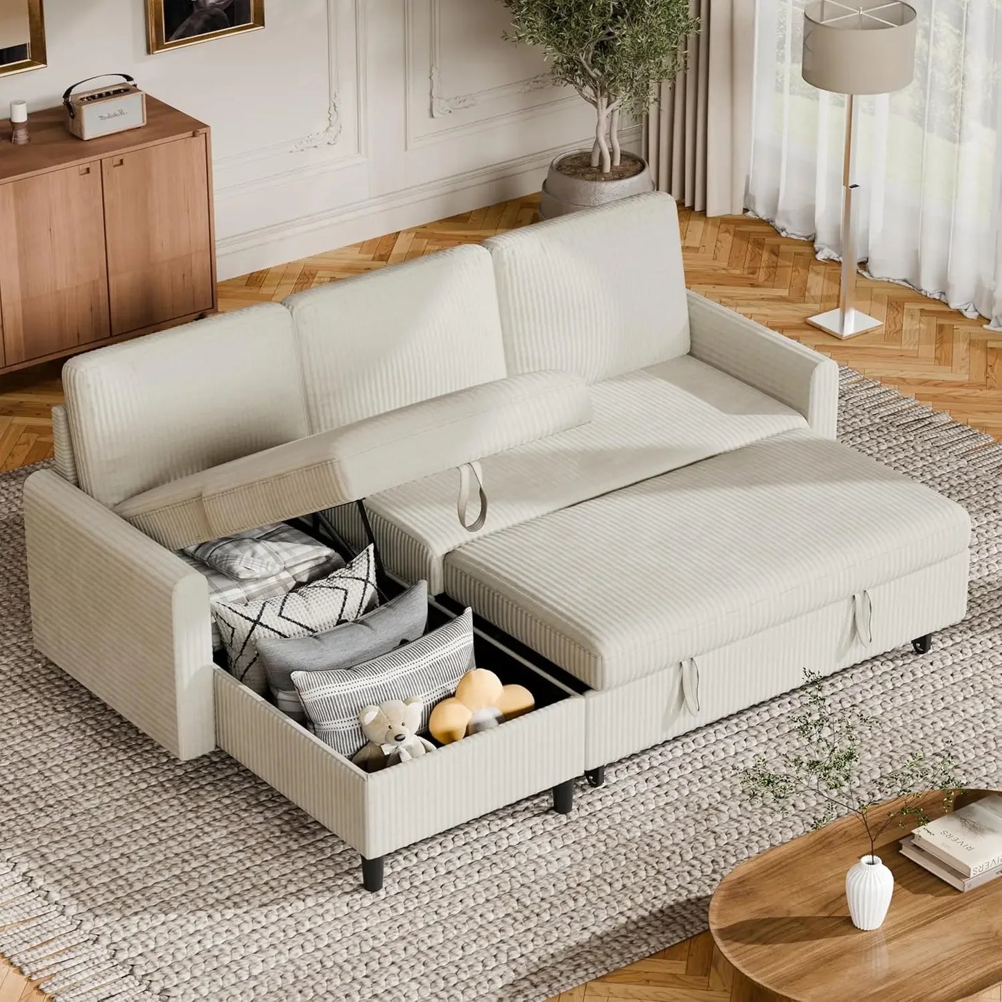 Convertible Sleeper Sofa, Pull Out Couch with Storage, 77" L-Shaped Sofa Bed with Storage
