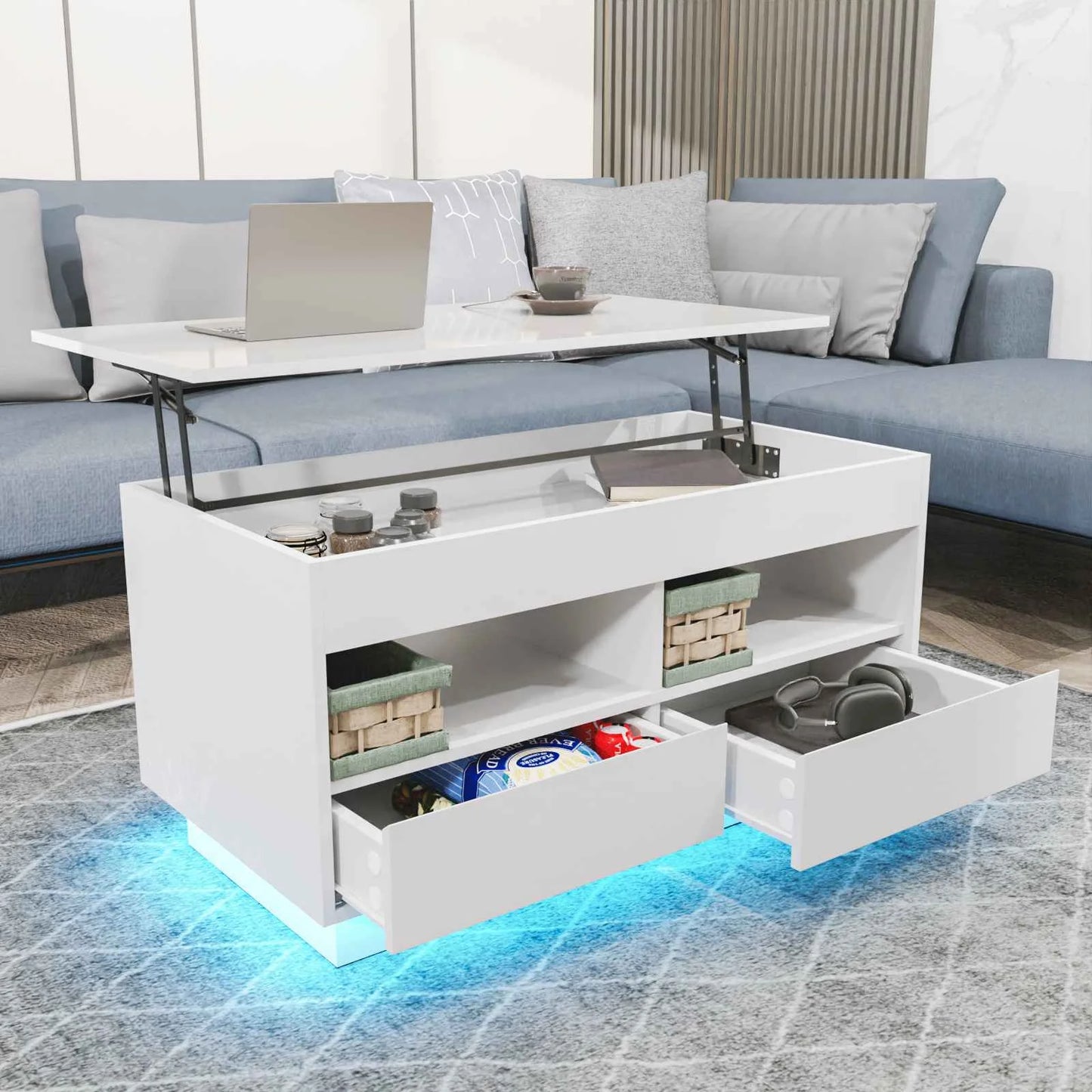 Top Lift Coffee Table with RGB LED Light High Gloss Surface Hidden Storage Compartment and Drawer Height Adjustable Tea Tables