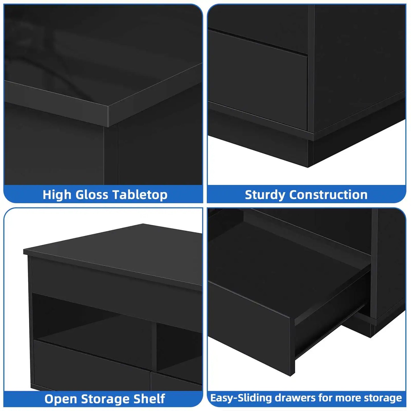 Top Lift Coffee Table with RGB LED Light High Gloss Surface Hidden Storage Compartment and Drawer Height Adjustable Tea Tables