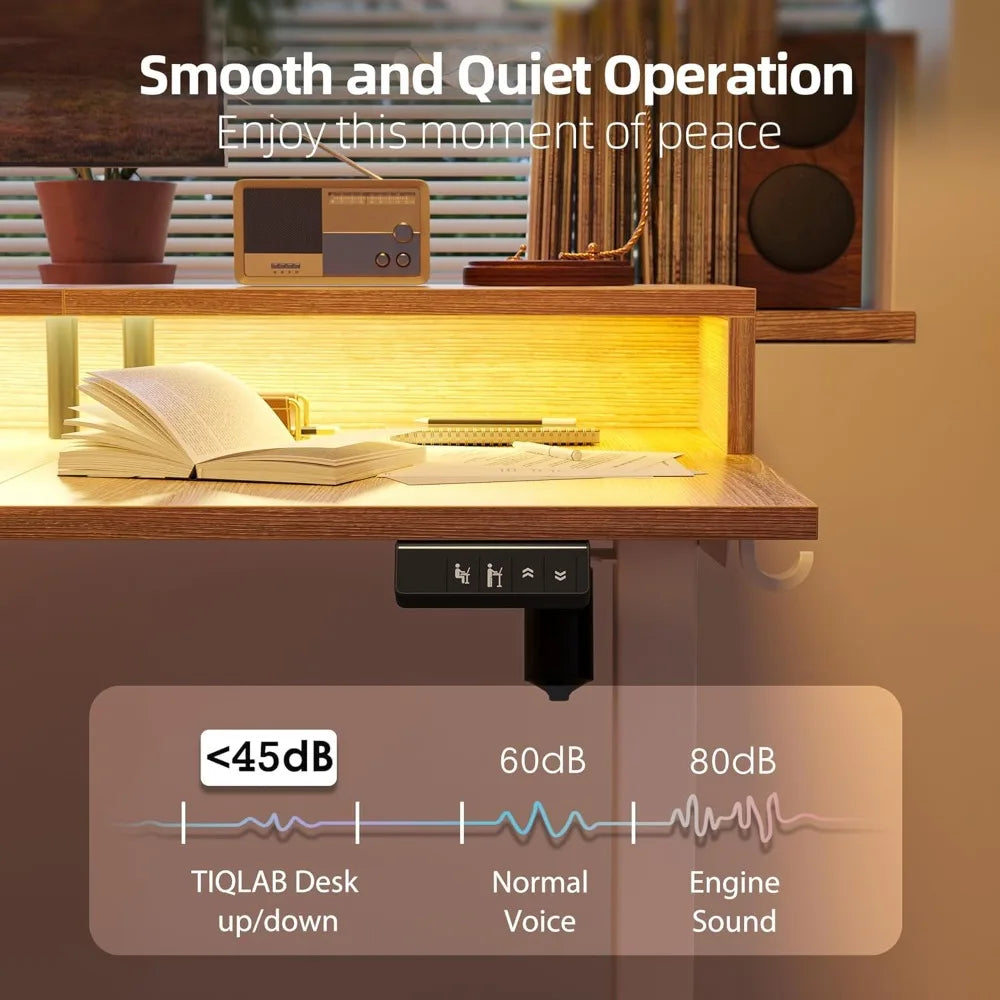 63'' L-Shaped Standing Desk with LED Light Strip and Power Outlet, Height Adjustable Corner Table with Ergonomic Monitor