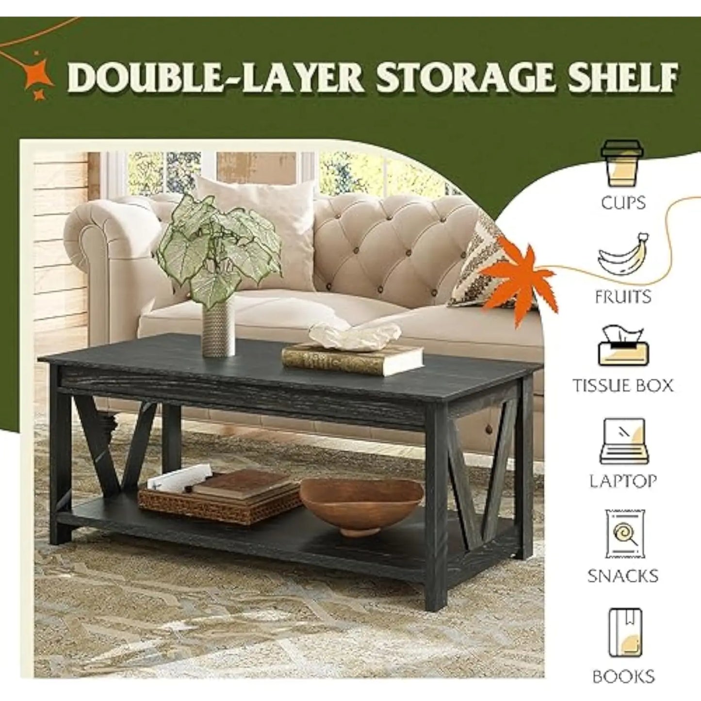 Coffee Table Farmhouse Coffee Table with Storage Shelf Sturdy V Shaped Support Center Table for Living Room/ Office
