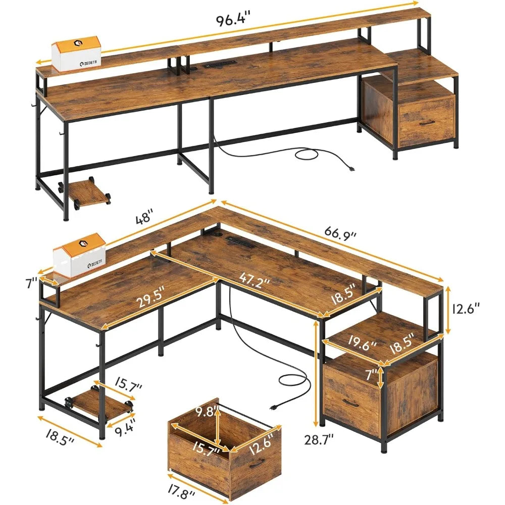 L Shaped Office Desk, 66" Corner L Shaped Computer Desk with File Drawer & Power Outlet for Home Office, Gaming Table with Led