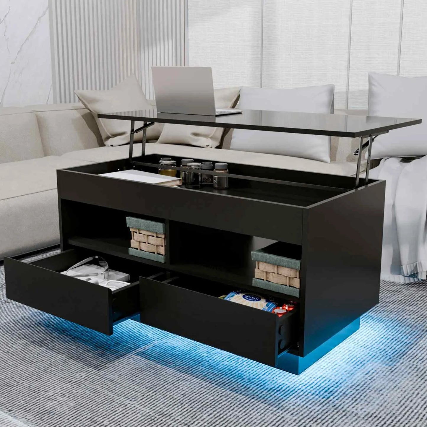 Top Lift Coffee Table with RGB LED Light High Gloss Surface Hidden Storage Compartment and Drawer Height Adjustable Tea Tables