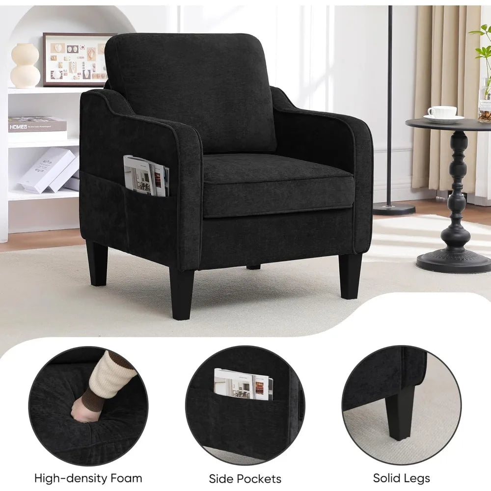 Mid Century Modern Reading Chair for Office, Upholstered Armchair with Side Pockets, Comfy Single