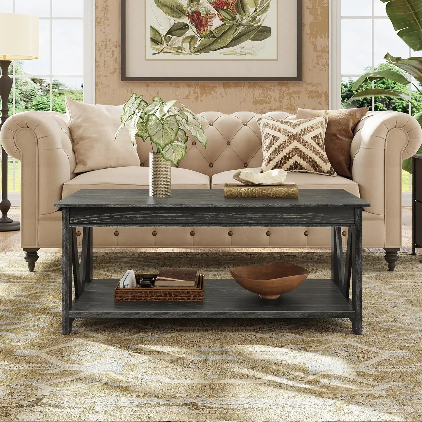 Coffee Table Farmhouse Coffee Table with Storage Shelf Sturdy V Shaped Support Center Table for Living Room/ Office