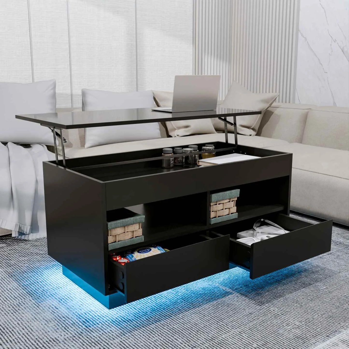 Top Lift Coffee Table with RGB LED Light High Gloss Surface Hidden Storage Compartment and Drawer Height Adjustable Tea Tables