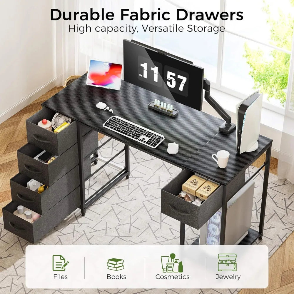 Computer Desk with 5 Fabric Drawers, 47 Inch Home Office Desk with Storage Shelves, Gaming Writing Work Study Table for Bedroom,