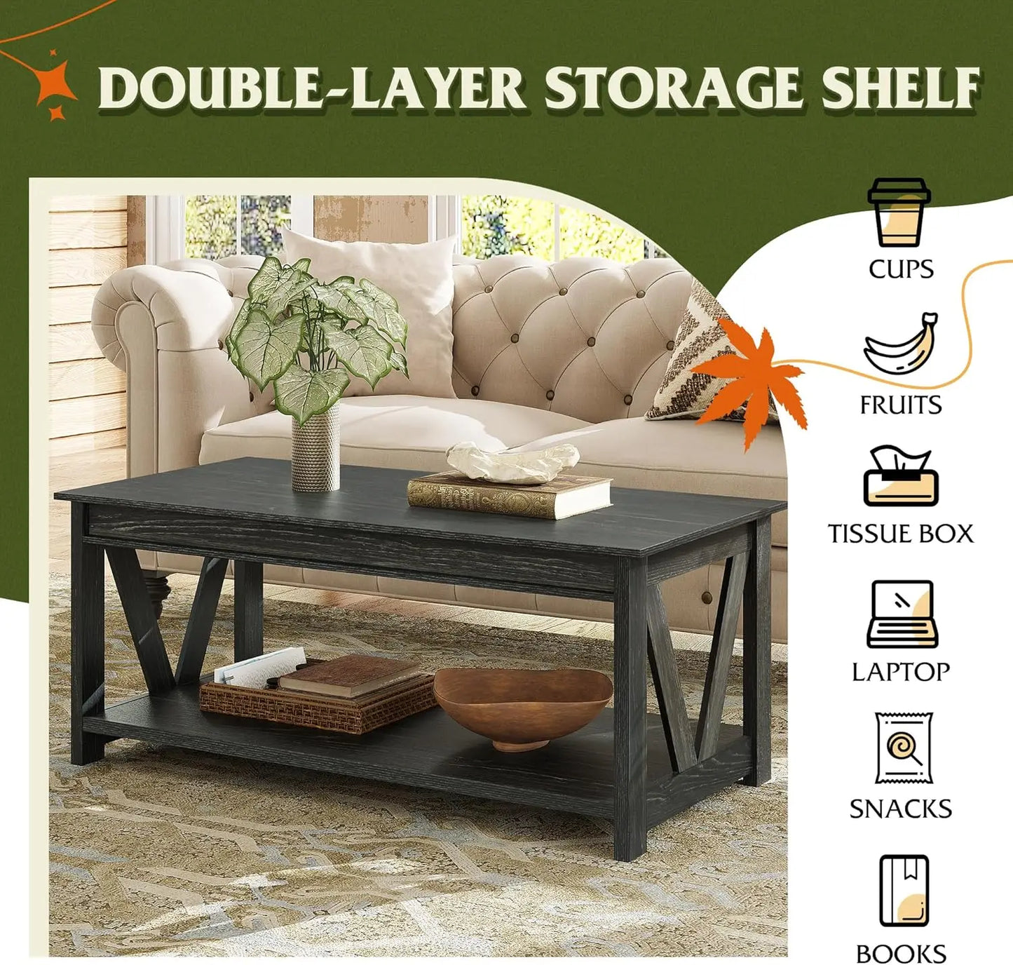 Coffee Table Farmhouse Coffee Table with Storage Shelf Sturdy V Shaped Support Center Table for Living Room/ Office