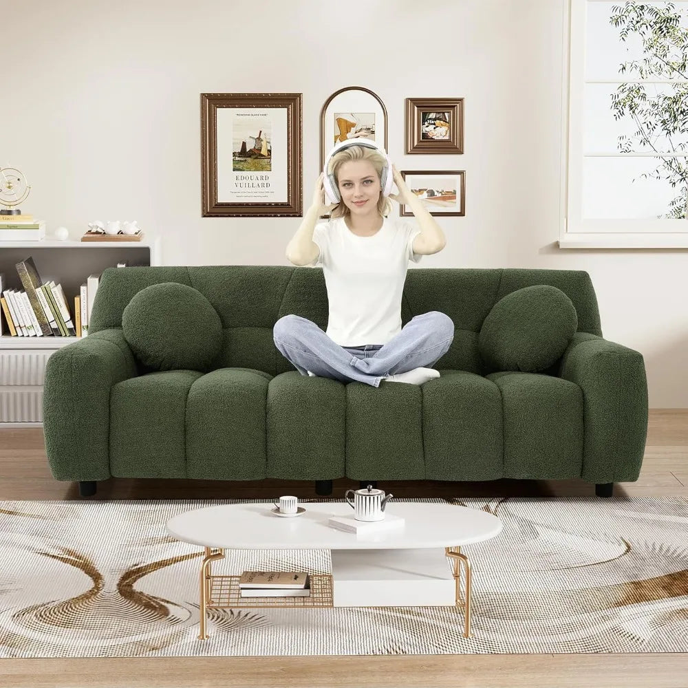 Boucle Cloud Sofa Couch, Comfy Deep Seat Sherpa Couch, 72.8" Cozy Teddy 2 Seat Marshmallow Couches with 2 Pillows,