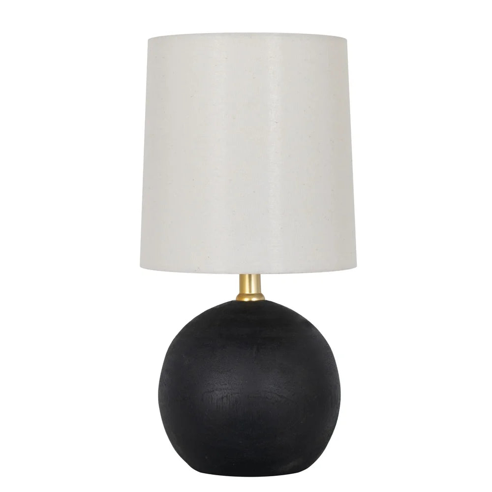 Mini Black Wood Ball Table Lamp with White Fabric Shade 12.5 Inch Stylish Accent Lighting Home Office Bedroom Desk Reading