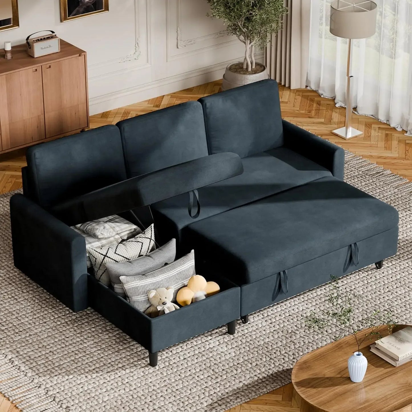 Convertible Sleeper Sofa, Pull Out Couch with Storage, 77" L-Shaped Sofa Bed with Storage