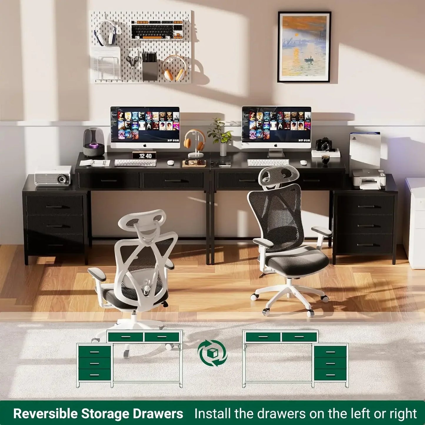 Reversible Computer Desk with 5 Drawers, Sturdy Office Desk with Power Outlets and USB Ports, Corner Writing Table with File