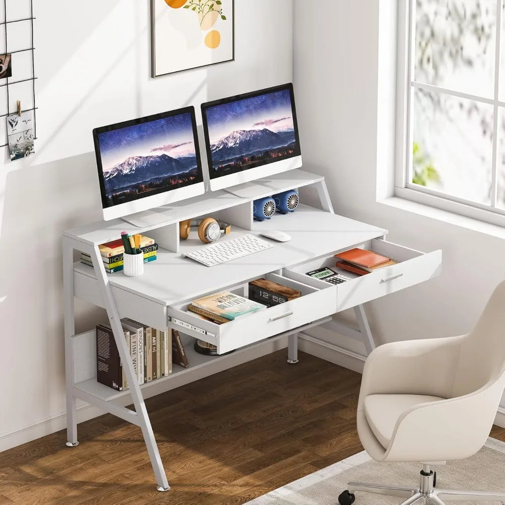 Computer Desk with Storage Shelf & Drawers, Modern 47 inch Office Writing Desk Study Table with Monitor Stand Riser for Home Of