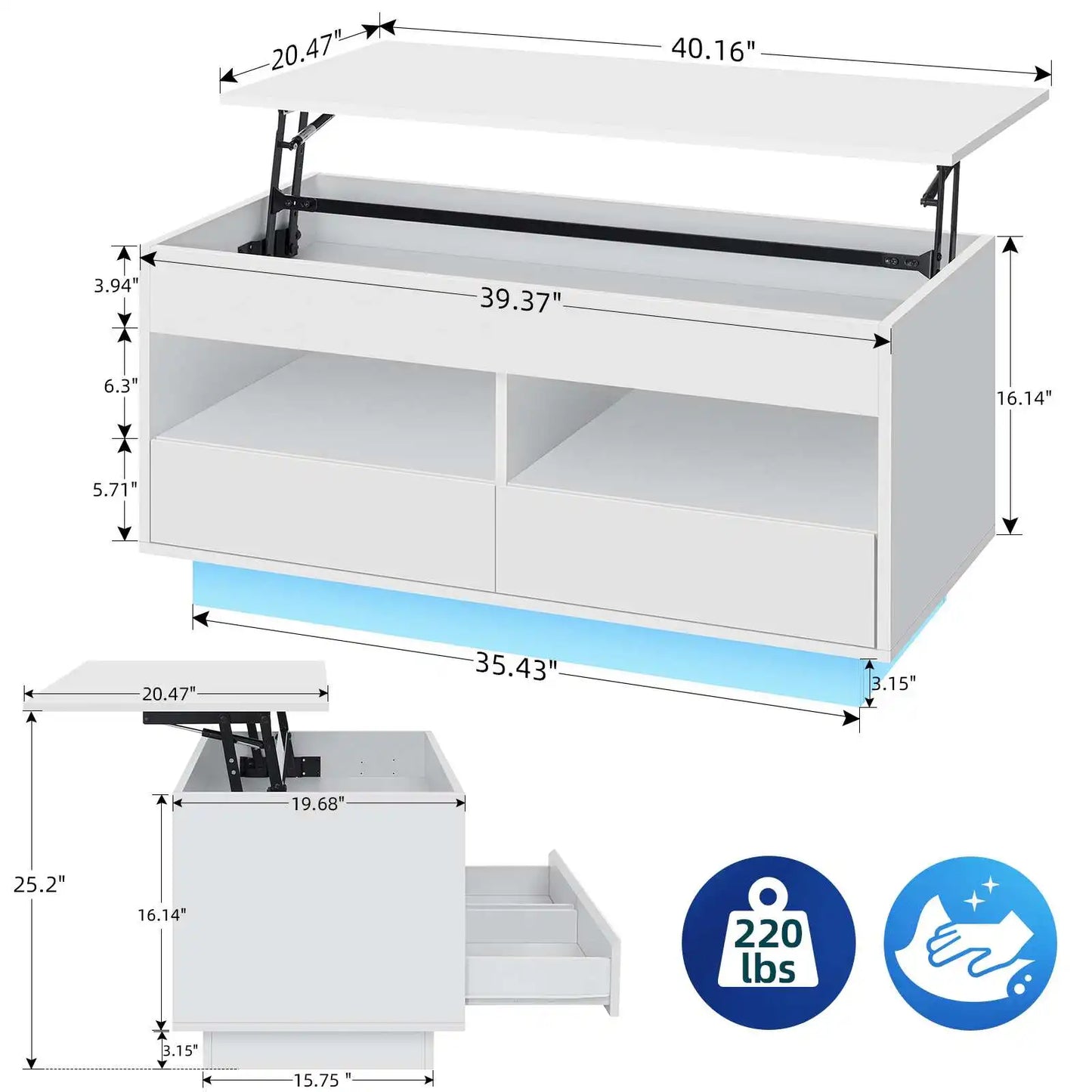 Top Lift Coffee Table with RGB LED Light High Gloss Surface Hidden Storage Compartment and Drawer Height Adjustable Tea Tables
