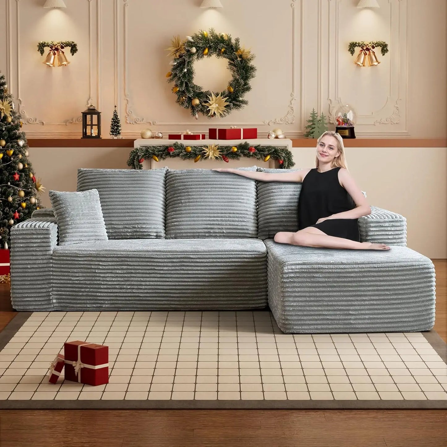 Modular Sectional Sofa Cloud Sectional Couch, 107" Comfy Fluffy L Shaped Black Couches, Deep Seat Memory Foam