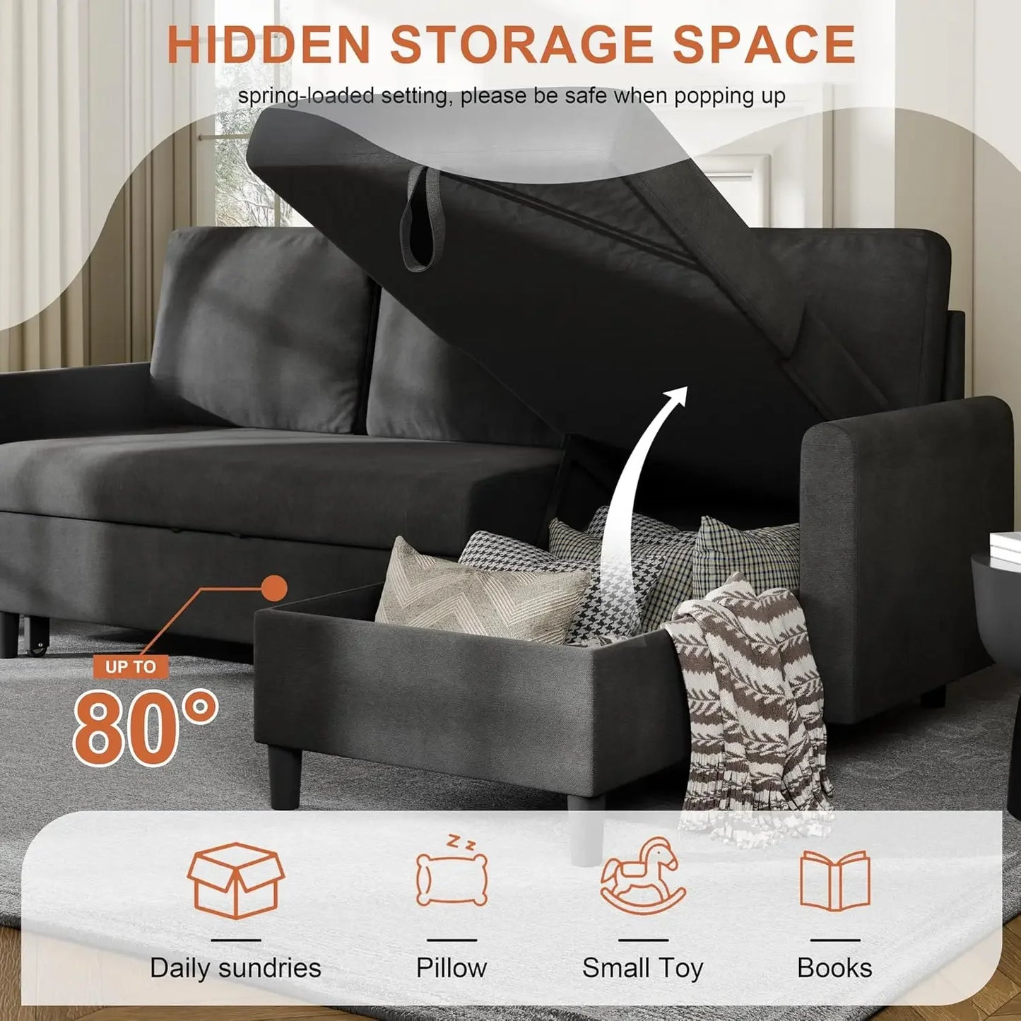 Convertible Sleeper Sofa, Pull Out Couch with Storage, 77" L-Shaped Sofa Bed with Storage