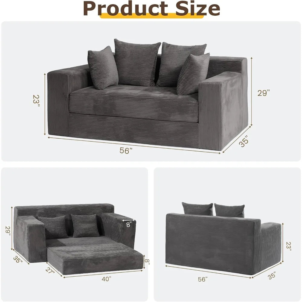 Convertible Sofa Bed, 3 in 1 Loveseat Folding Couch Bed Foldable - Boneless Couch & Floor Futon Sleeper, Corduroy Pull Out Sofa