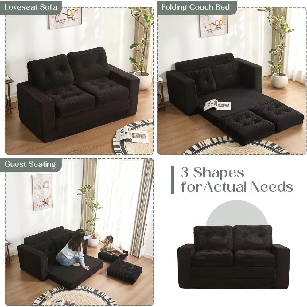 61" Corduroy 3-in-1 Convertible Sofa Bed - Pull Out Sleeper with Futon & Pillows