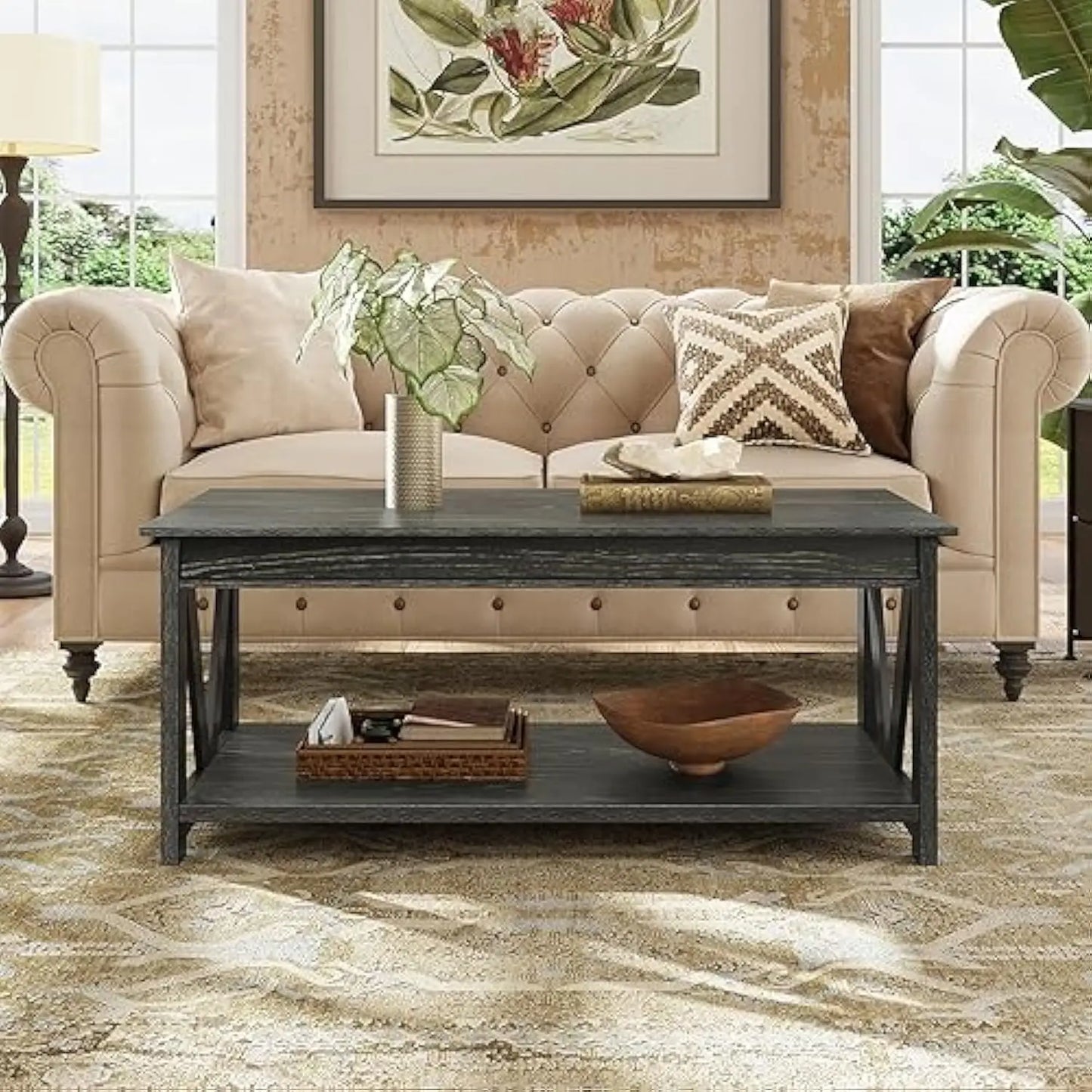 Coffee Table Farmhouse Coffee Table with Storage Shelf Sturdy V Shaped Support Center Table for Living Room/ Office