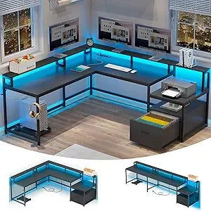 L Shaped Office Desk, 66" Corner L Shaped Computer Desk with File Drawer & Power Outlet for Home Office, Gaming Table with Led