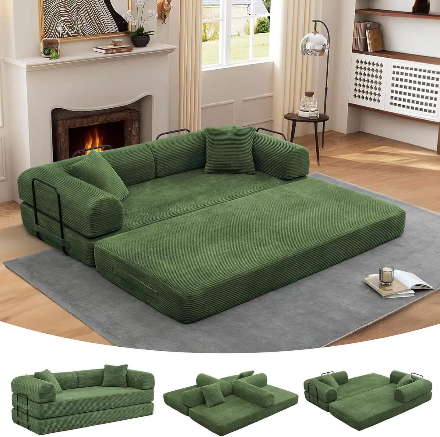 Convertible Folding Sofa Bed - Modular Floor Couch with Removable Backrest, Corduroy & Fixed-Frame