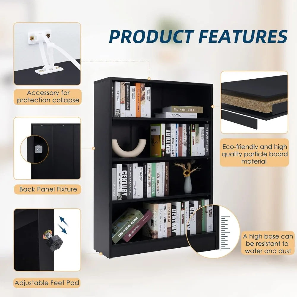 Black Bookshelf for Bedroom 4 Shelf Office Bookcase 48 Inches Tall Modern Wood Bookshelf for Living Room 4 Tier Wide