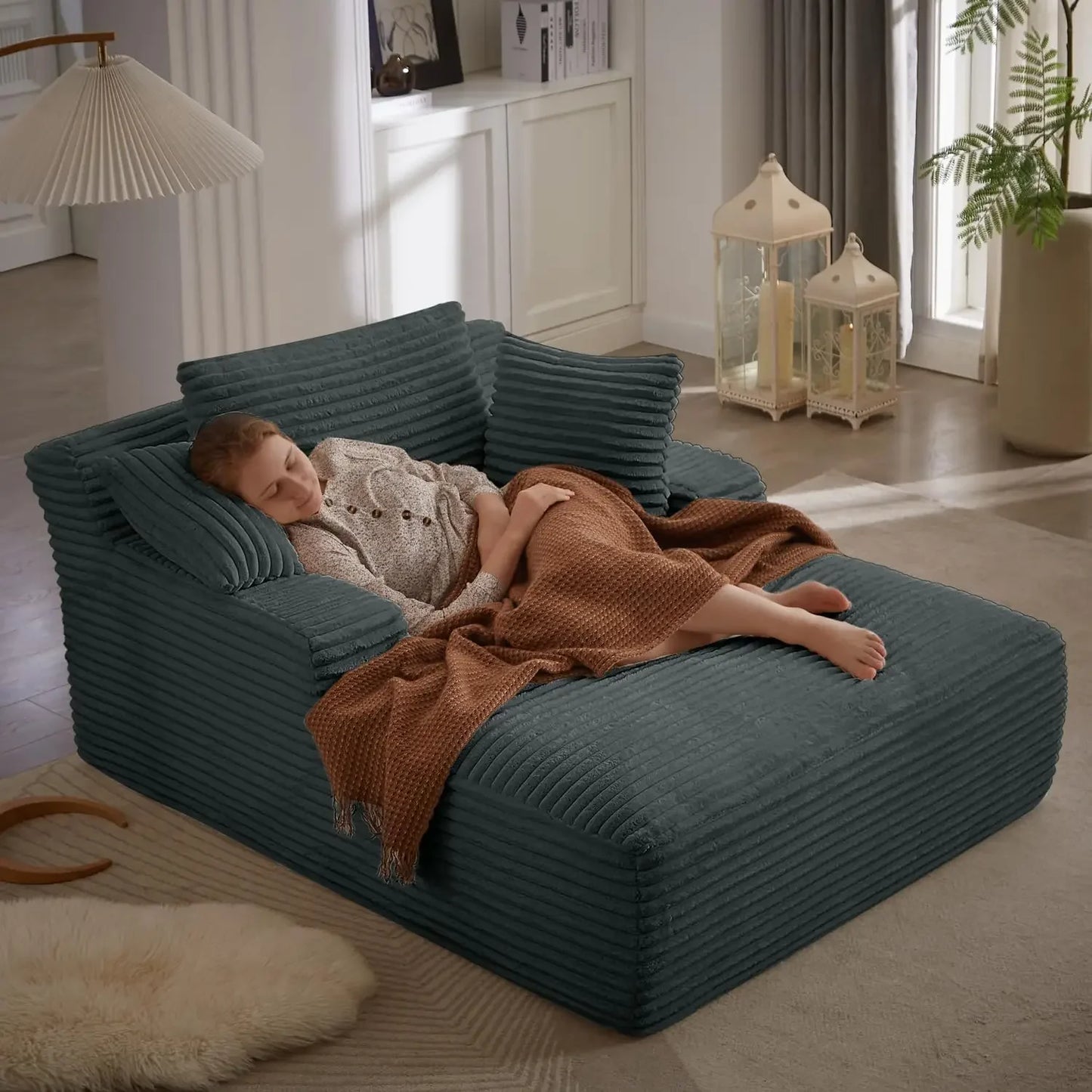 50 Inch Chaise Lounge Chair Indoor, Oversized Corduroy Upholstered Boneless Sofa Bed, Deep Seat Sleeper