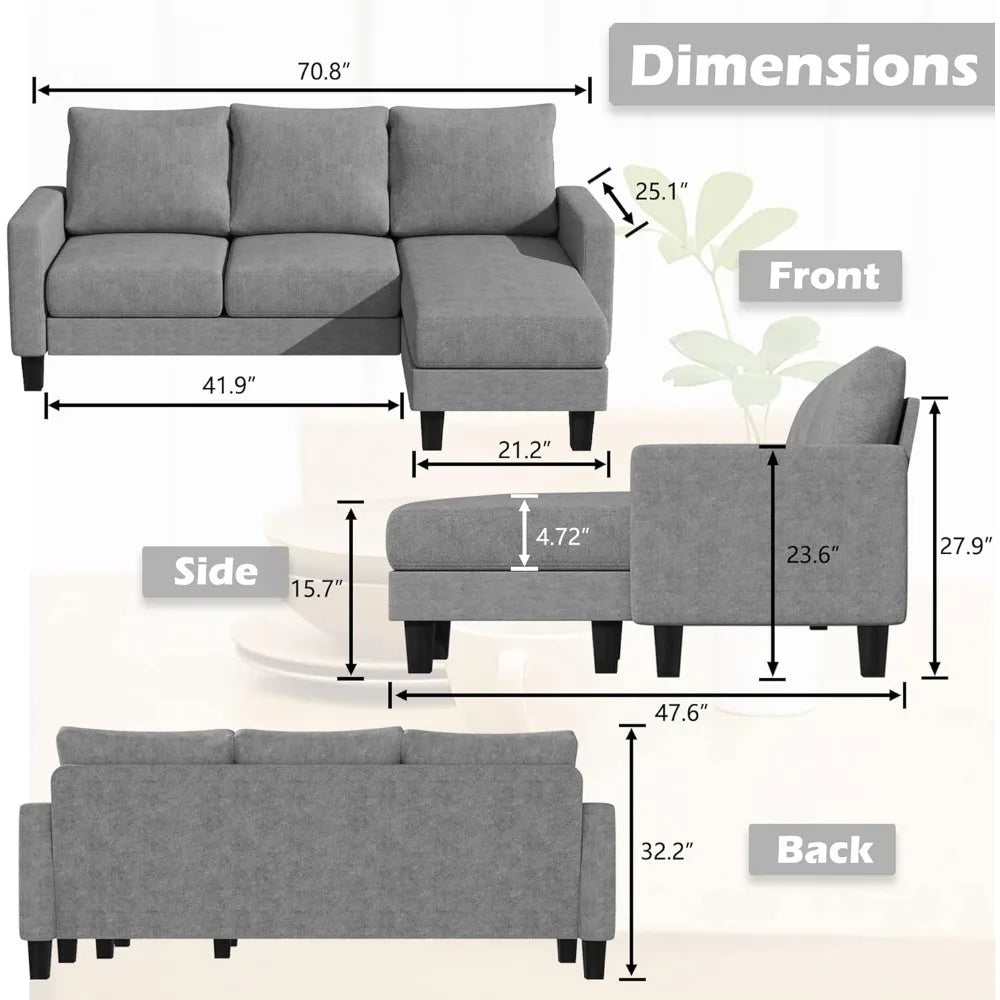 Convertible Sectional 3 L-Shaped Couch Soft Seat with Modern Linen Fabric