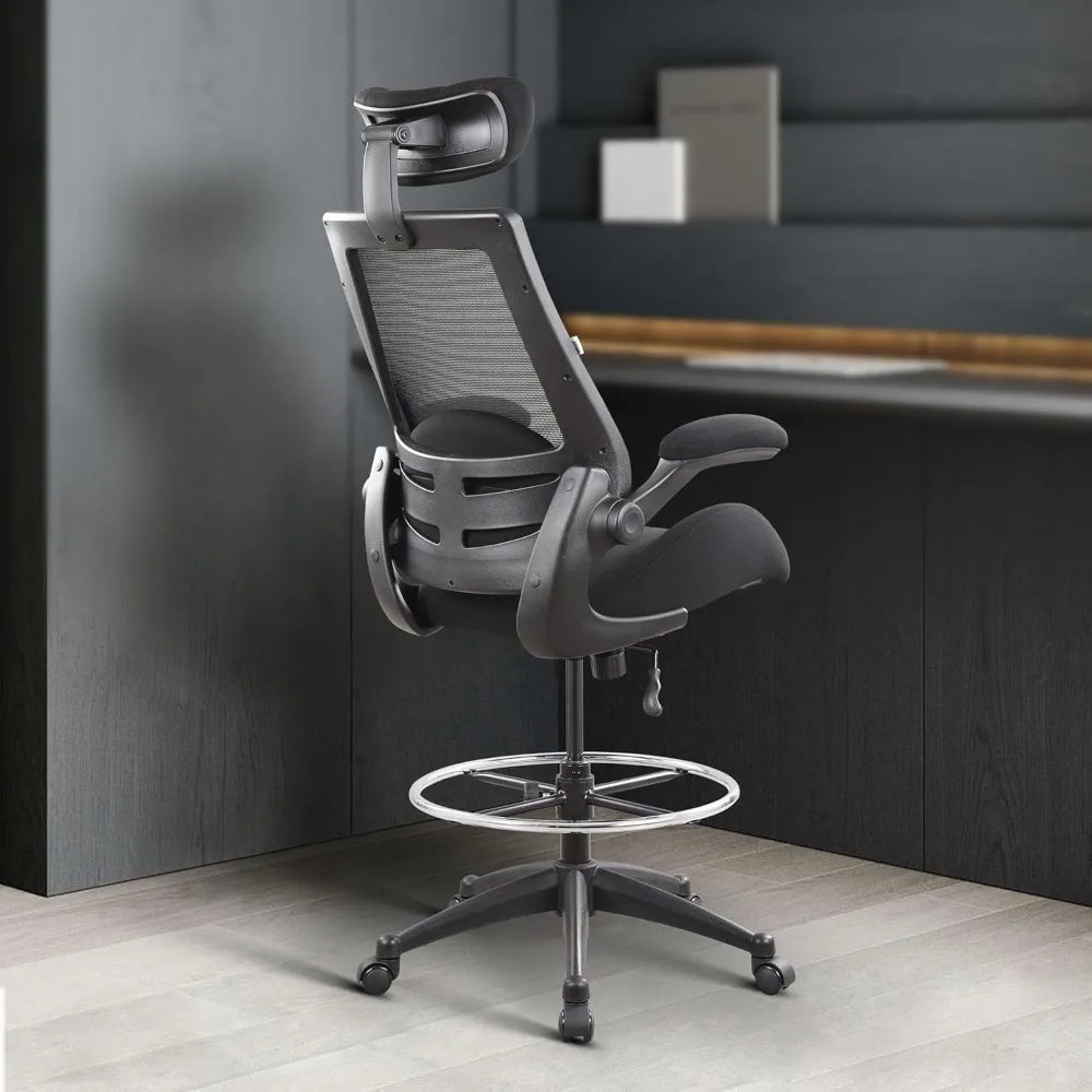 400lbs High Back Computer Office Drafting Chair Flip up Armrests Lumbar Support Adjustable Big Footrest Ring(Black)