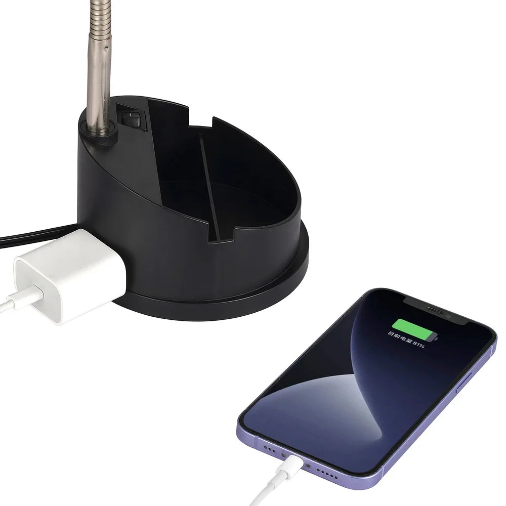 LED Desk Organizer Lamp with Adjustable Gooseneck AC Outlet Mobile Devices Modern Plastic Finish Home Office Dorm Study