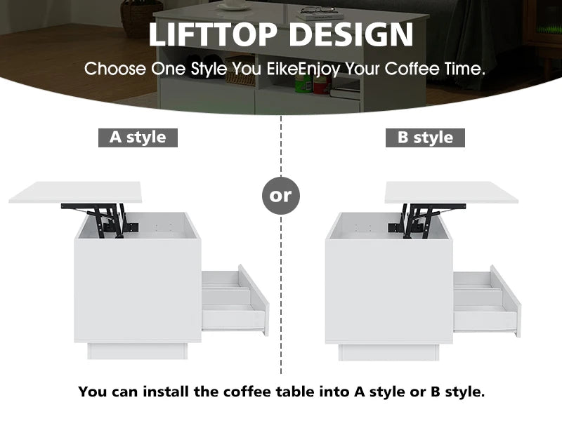 Top Lift Coffee Table with RGB LED Light High Gloss Surface Hidden Storage Compartment and Drawer Height Adjustable Tea Tables