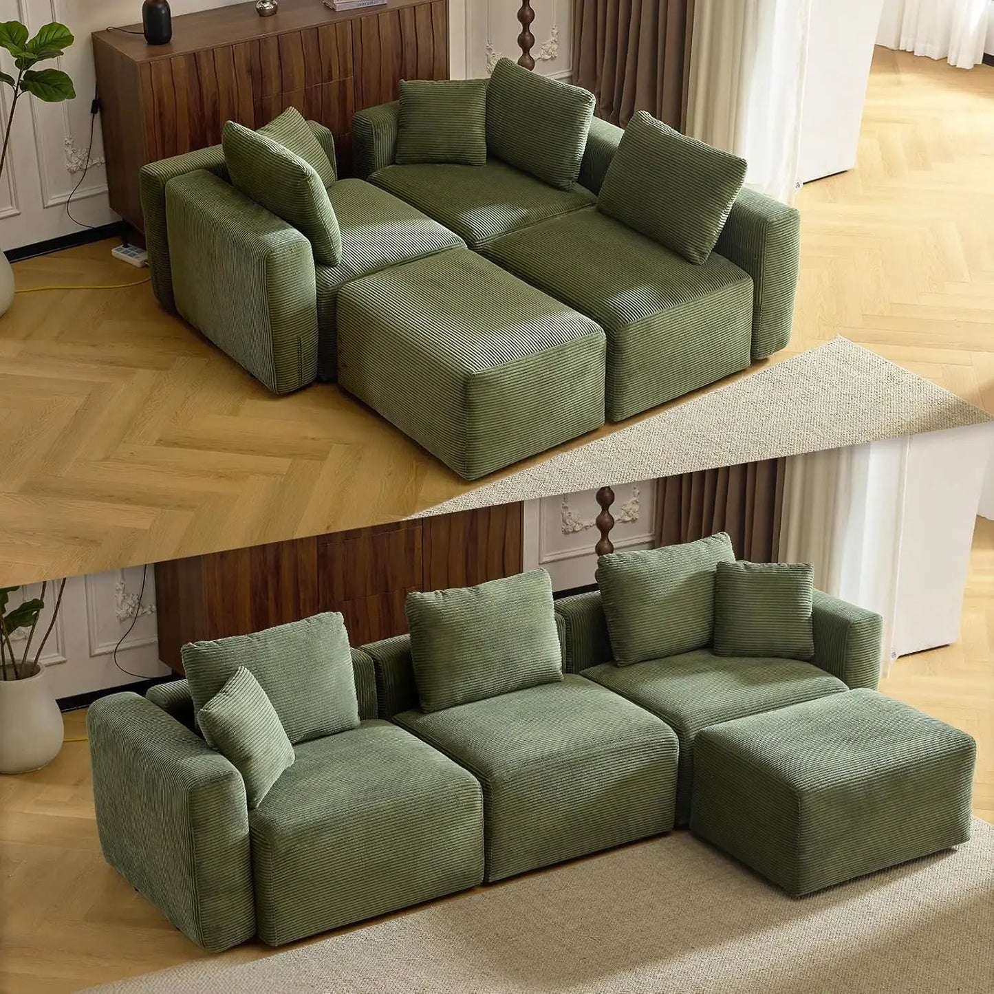 112.2“ Convertible Corduroy Cloud Sectional Couches with Movable Ottoman, L-Shaped Upholstered Sofa with Deep Seat