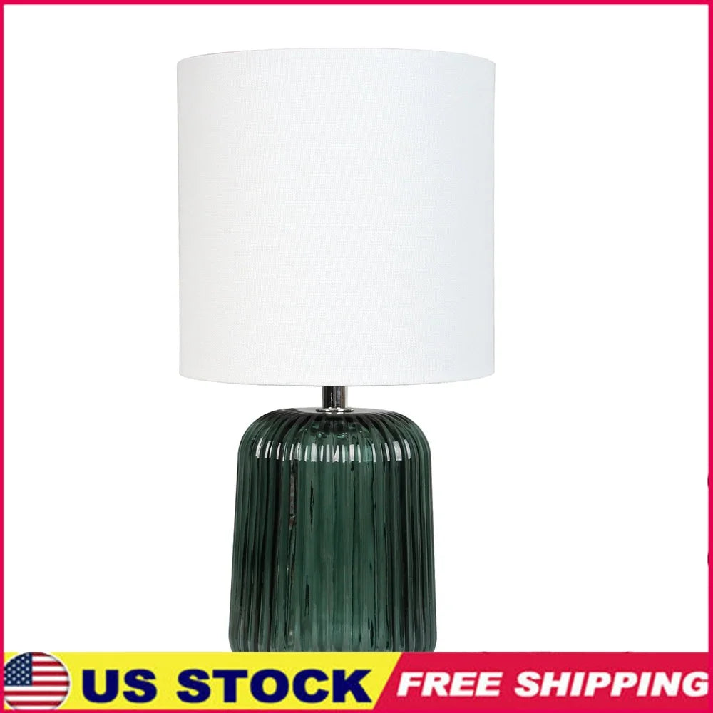 Mini Green Glass Stripe Table Lamp with White Shade Easy On Off Switch Home Office Reading Cozy Atmosphere