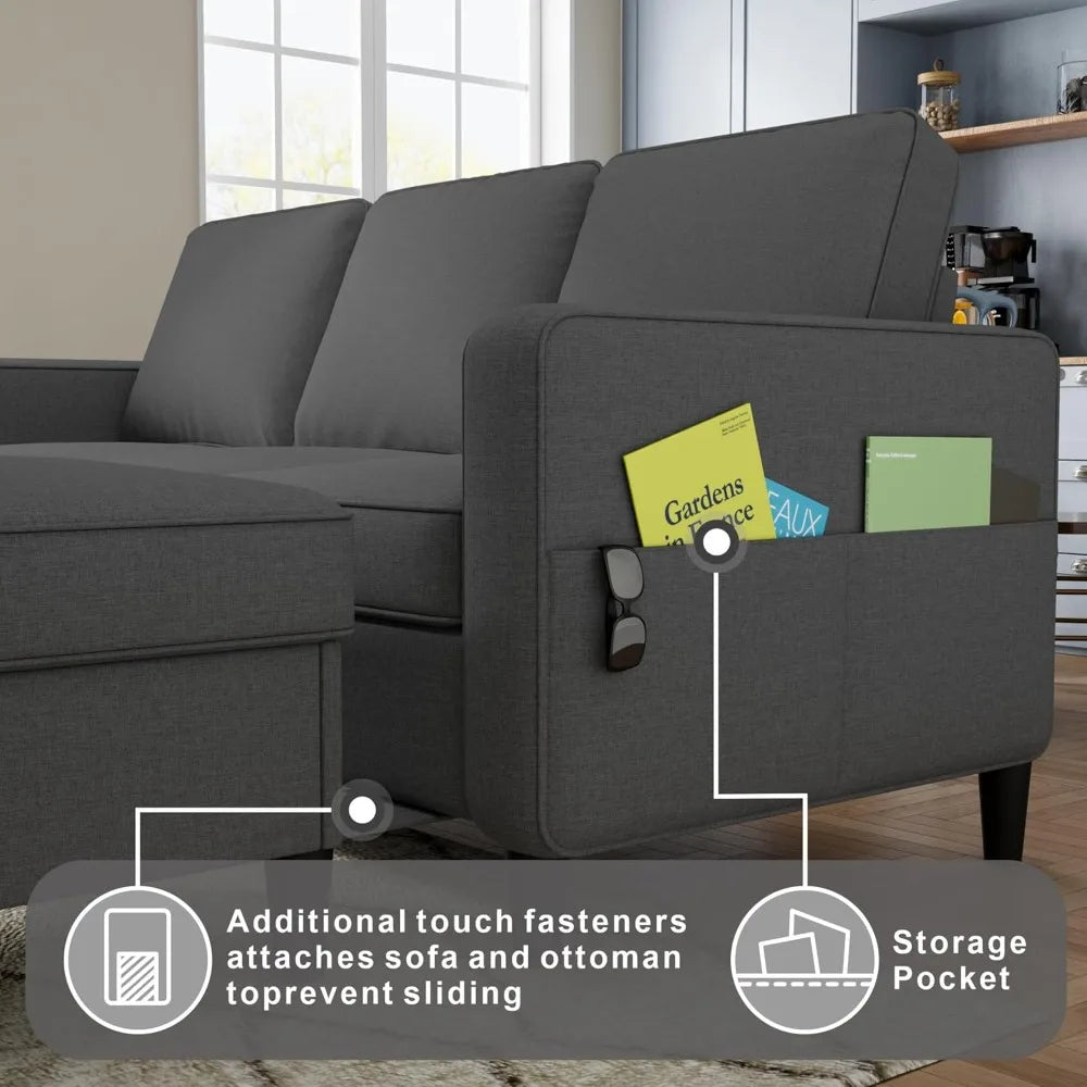 Sectional Sofa Couches, Dark Grey 3 Seat L-Shaped Couch with Storage Ottoman, Comfy Linen Convertible Sectionals