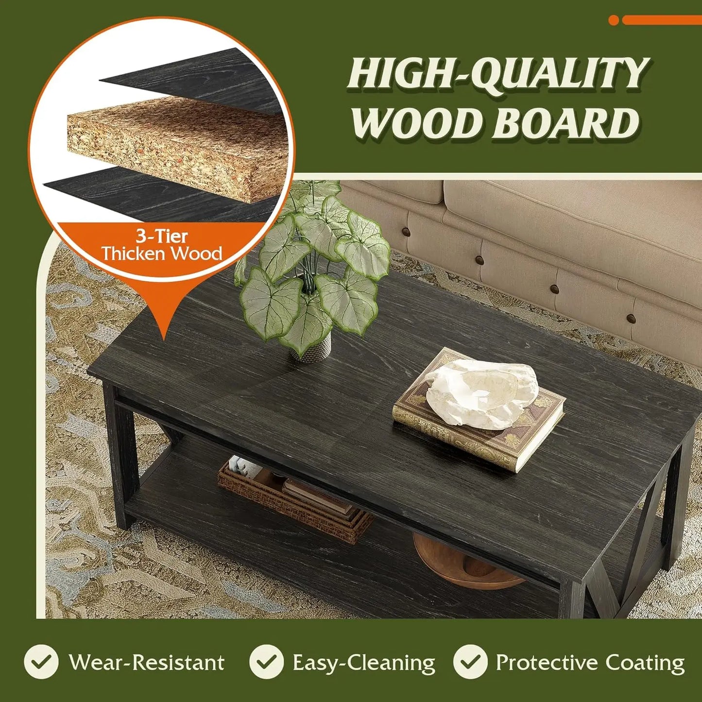 Coffee Table Farmhouse Coffee Table with Storage Shelf Sturdy V Shaped Support Center Table for Living Room/ Office
