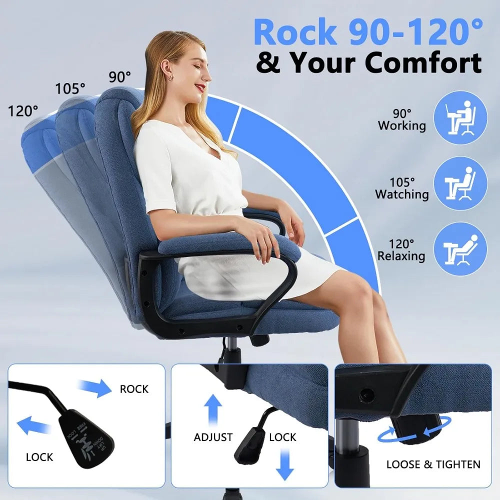 Blue Cloth Office Chair Fabric Covered Desk Chair, Adjustable Height Swivel Chairs Ergonomic Executive Chair with Arms and Whee