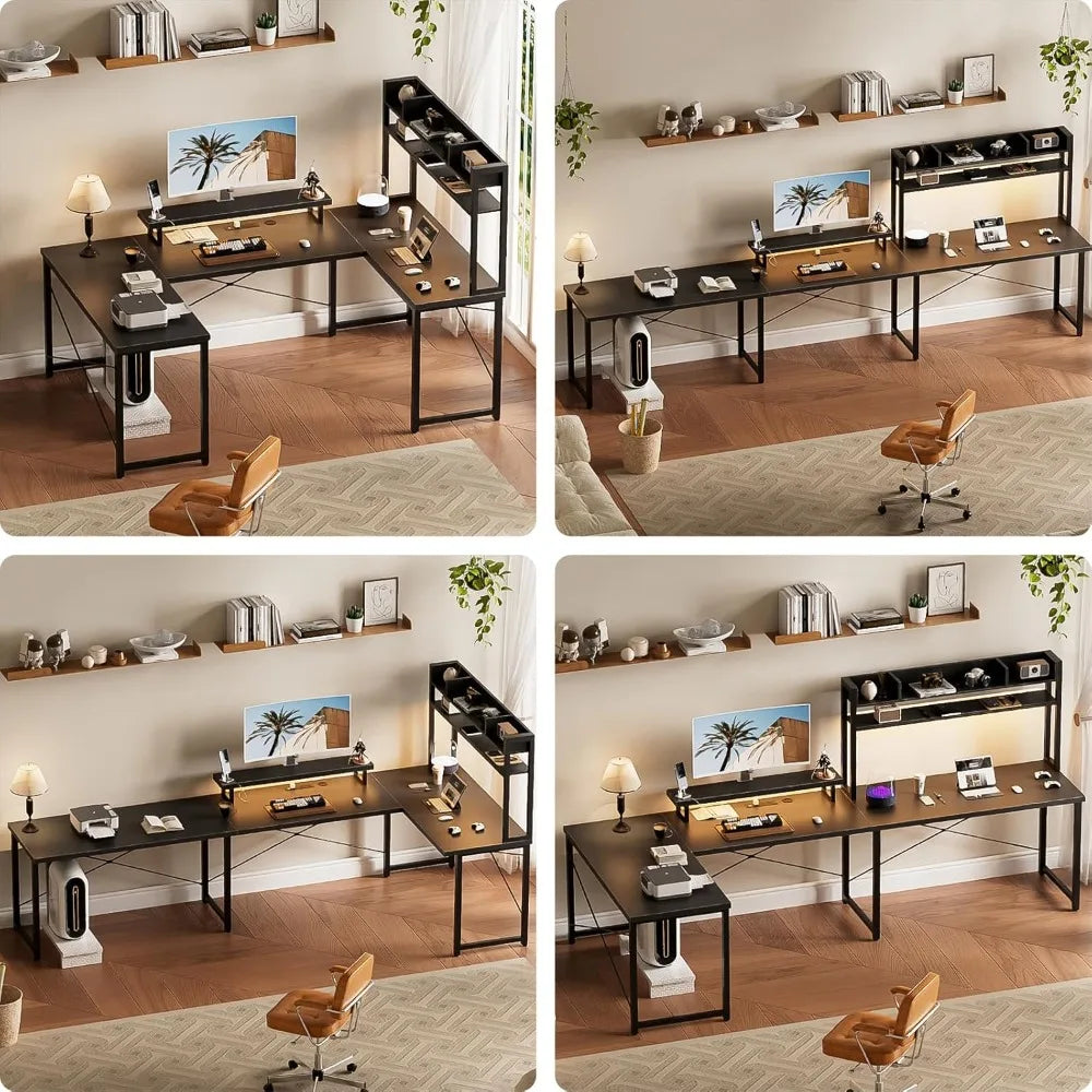 U Shaped Desk with Hutch, Reversible L Shaped Computer Desk with Power Outlets and LED Strip, Large Office Table with Monitor S