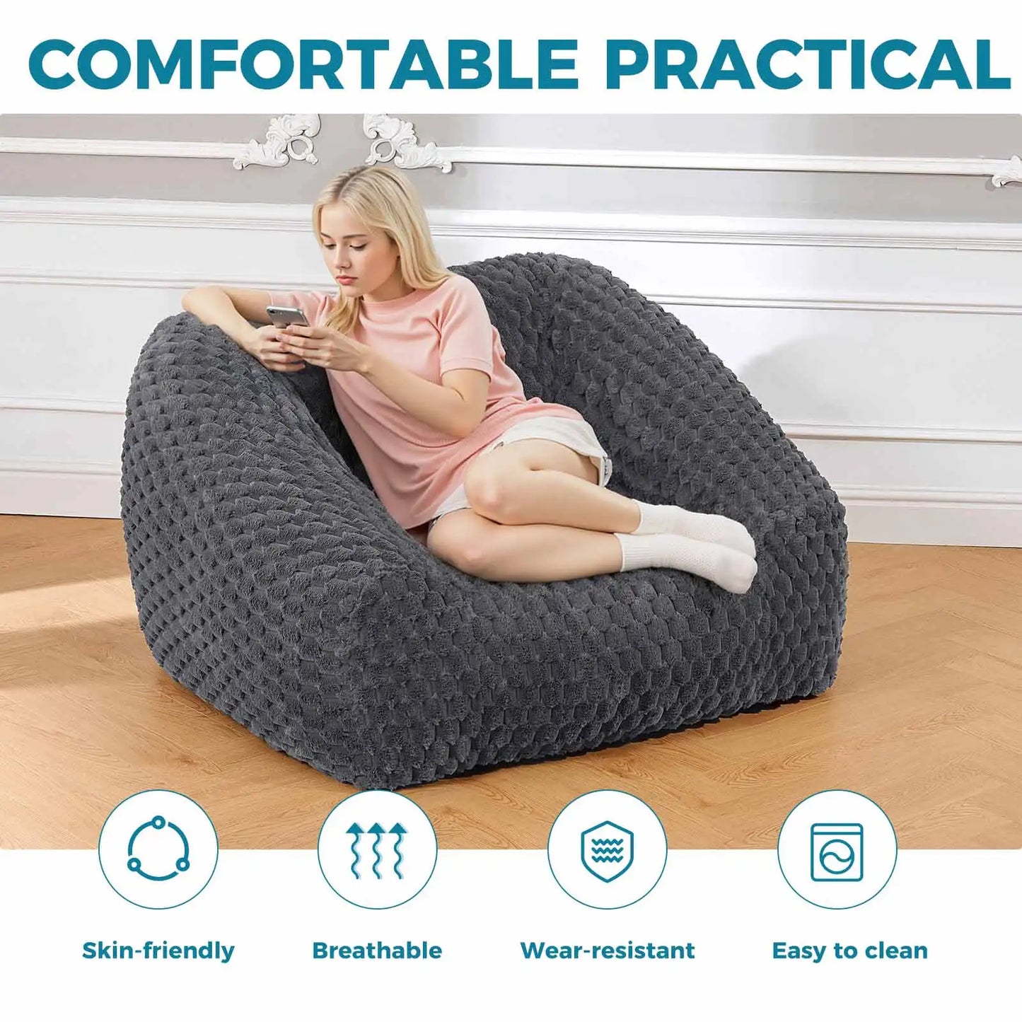 Big Bean Bag Chair with Filling Included - Large Memory Foam Sofa for Adults and Teens, Soft Couch