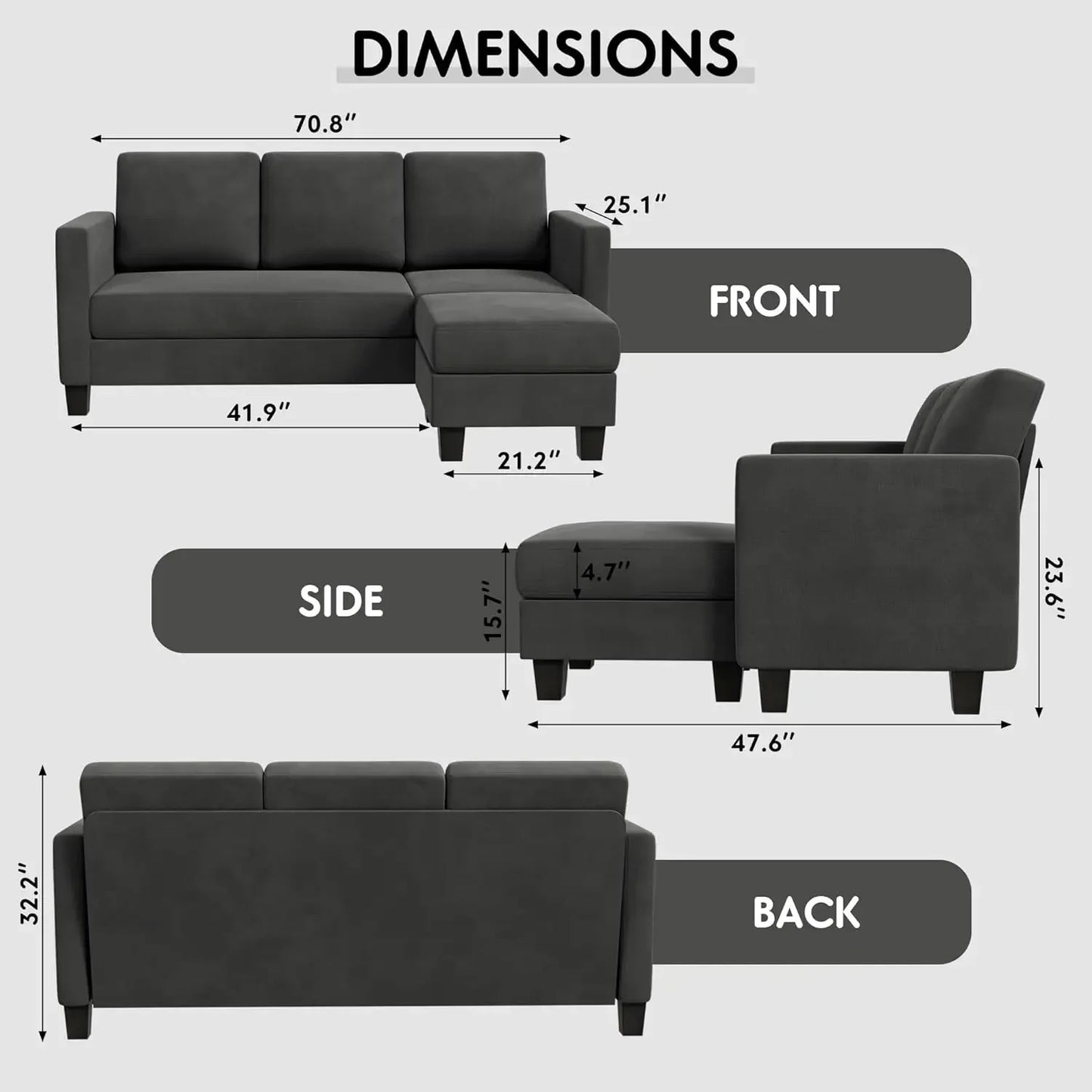 Convertible Sectional 3 L-Shaped Couch Soft Seat with Modern Linen Fabric, Space-saving Sofas