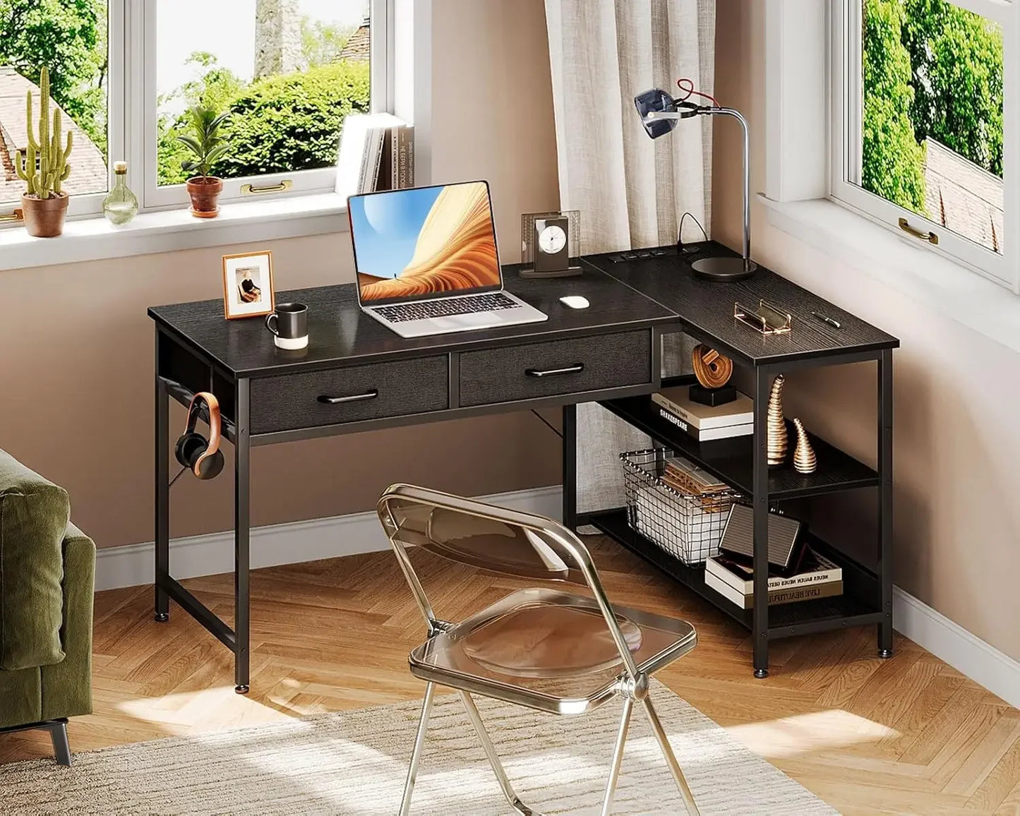 40 Inch L Shaped Computer Desk with 2 Drawers, Small Desk for Small Space, Home Office Table for Laptop Users, Black