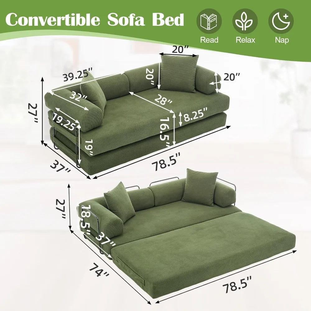 Convertible Folding Sofa Bed - Modular Floor Couch with Removable Backrest, Corduroy & Fixed-Frame