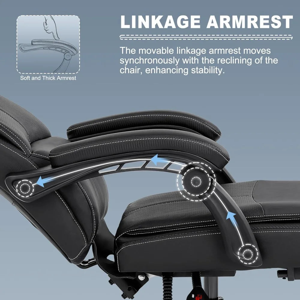 Big and Tall Office Chair with Footrest, High Back Desk Chair with Linkage Armrest, 90-155° Recline Executive Computer Chairs