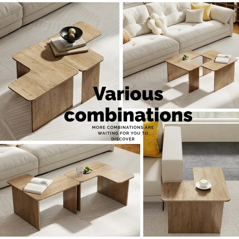 Nesting Coffee Table Set of 2, Natural Wooden L-Shape Square Coffee Table, Small Center Table End Table Sets with Rustic