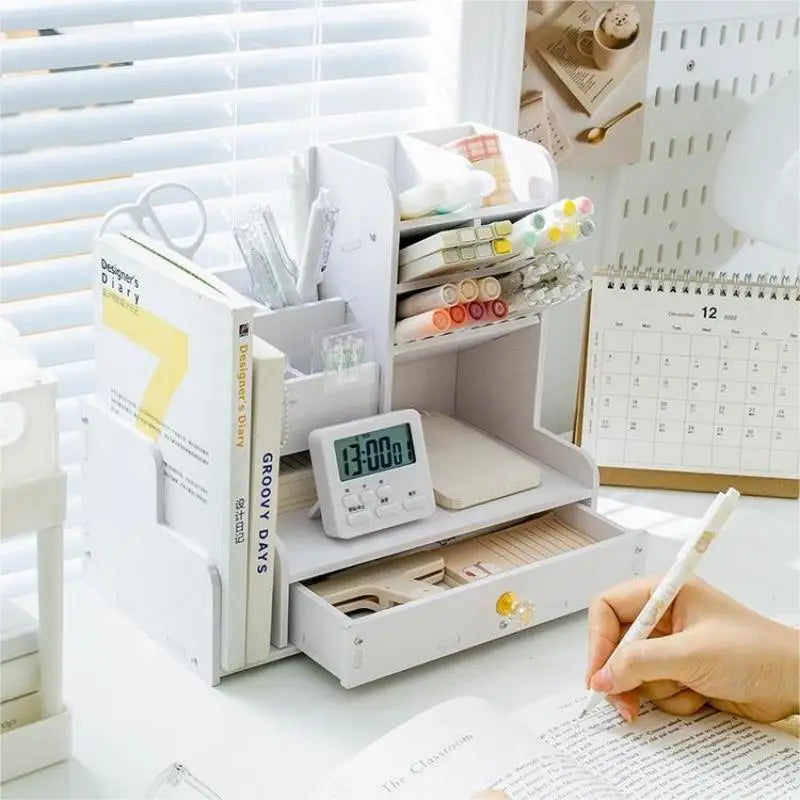 Desk Organizer, DIY Desk Organizer with Drawer - Multi-Functional Pen Holder, Easy Assembly Office Art Supplies Storage